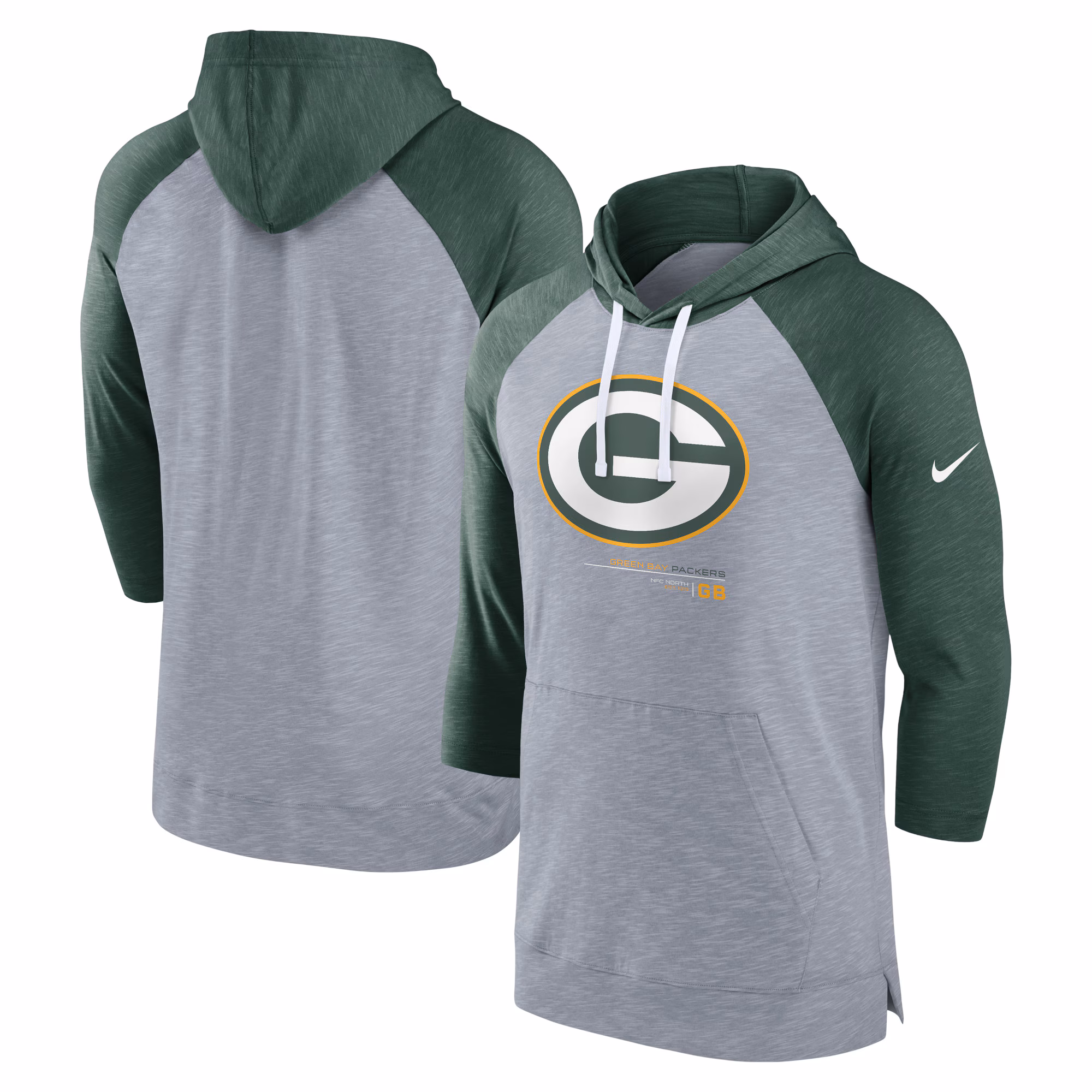 Green Bay Packers Raglan 3/4-Sleeve Pullover Hoodie - Heather Gray/Heather Green