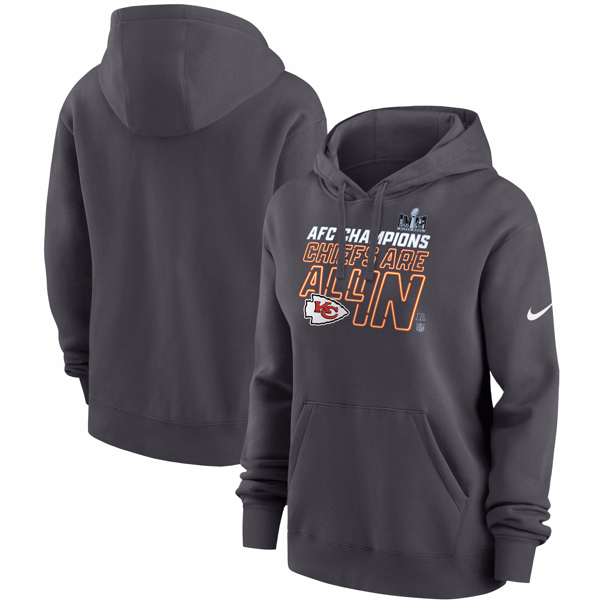 Kansas City Chiefs Women's 2023 AFC Champions Locker Room Trophy Collection Pullover Hoodie - Anthracite