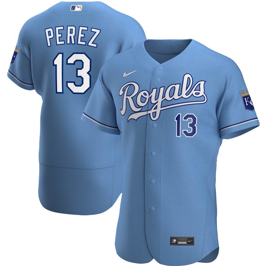 Men's  Kansas City Royals #13 Salvador Perez Light Blue Alternate 2020 Player MLB Jersey