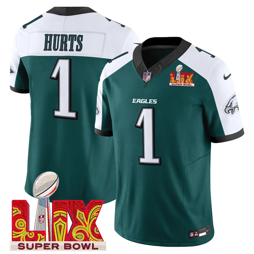 Men’s #1 Jalen Hurts Midnight Green Super Bowl LIX Game Player Jersey Sewn