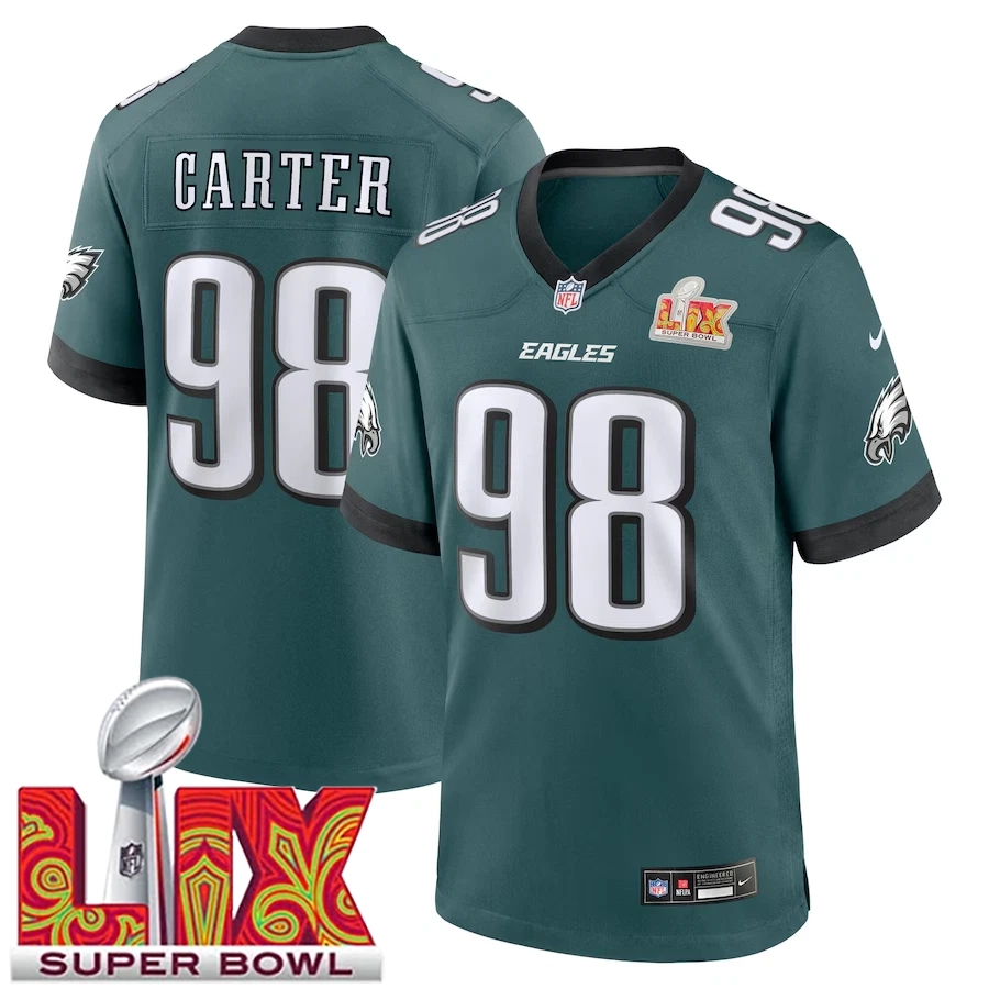 Men’s #98 Jalen Carter Midnight Green Super Bowl LIX Game Player Jersey