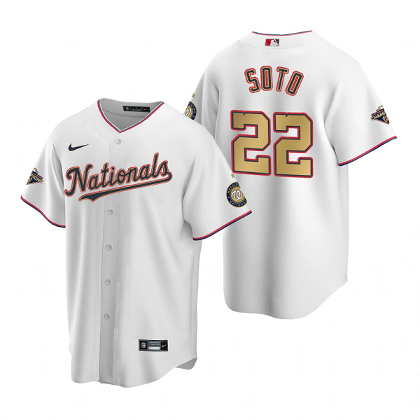 Men's Washington Nationals #22 Juan Soto White Gold 2019 World Series Champions Stitched MLB Cool Base  Jersey