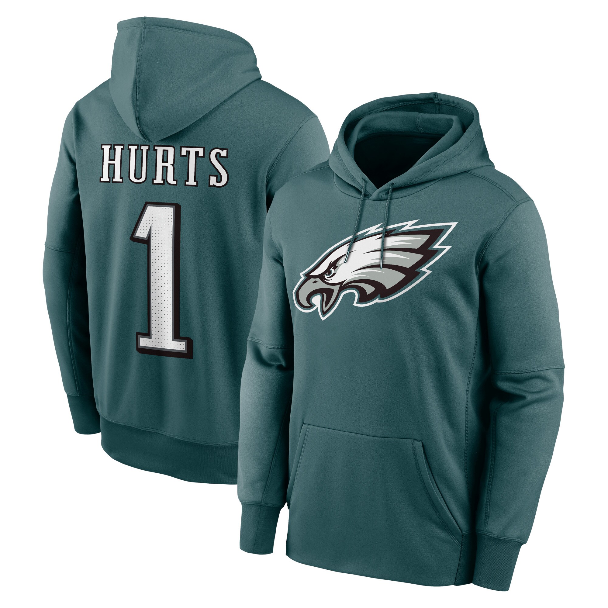 Jalen Hurts Philadelphia Eagles #1 Player Name & Number Performance Pullover Hoodie - Midnight Green