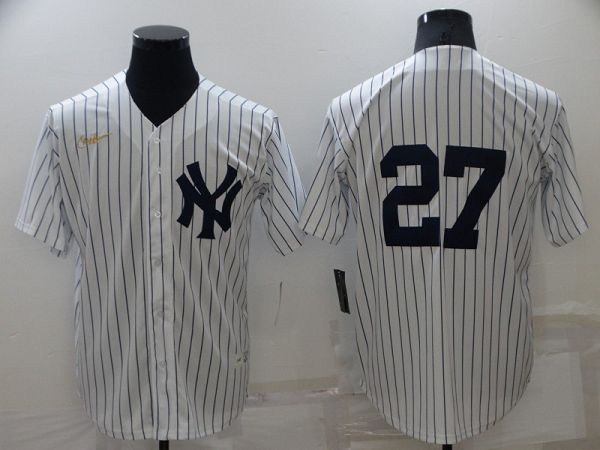 Men's  New York Yankees #27 Giancarlo Stanton White Strip Throwback Cool Base MLB Stitched Jersey
