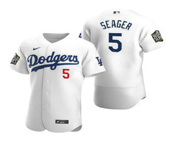 Men's Los Angeles Dodgers #5 Corey Seager White 2020 World Series Flex Base  Jersey
