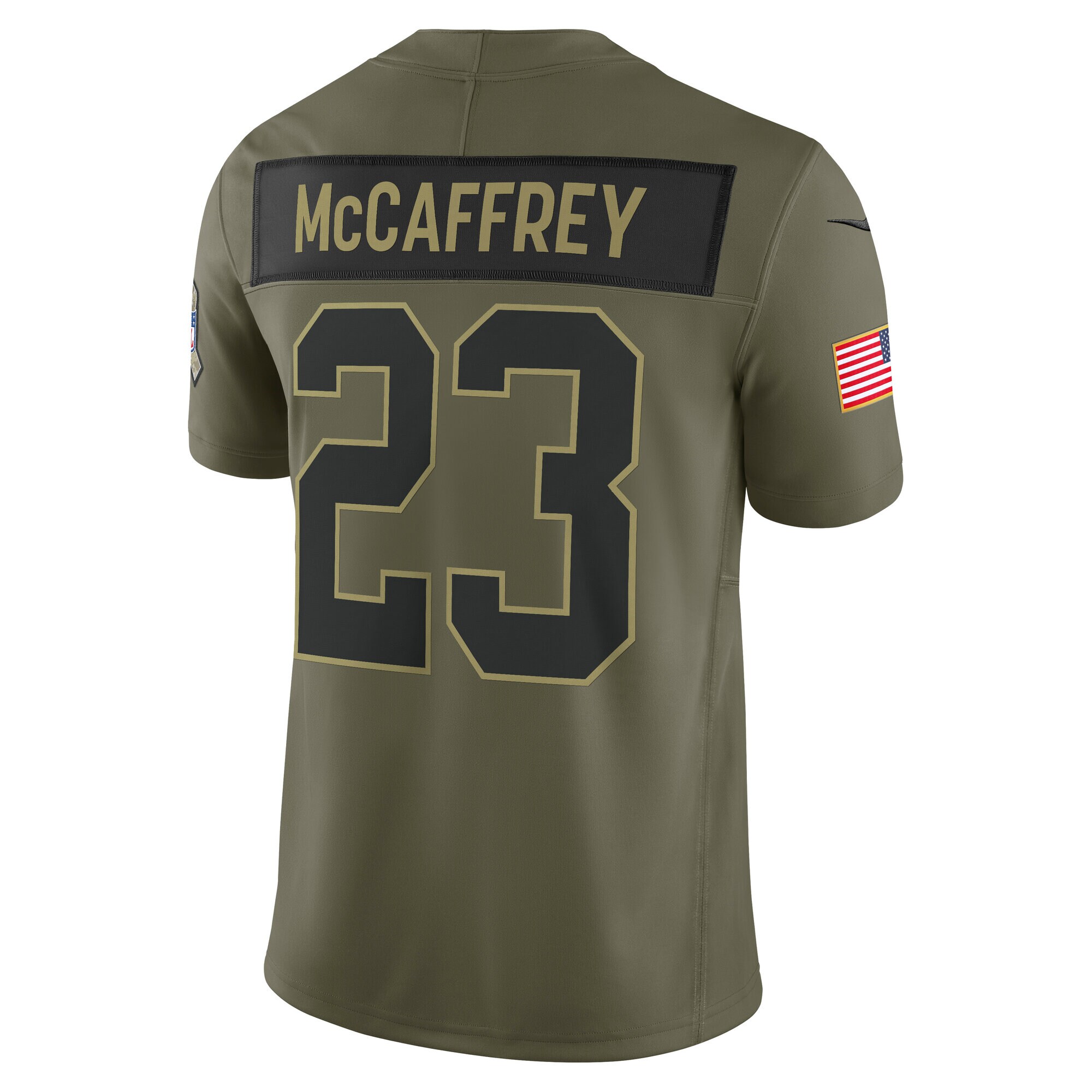 Men's San Francisco 49ers #23 Christian McCaffrey Olive 2025 Salute to Service Limited Jersey