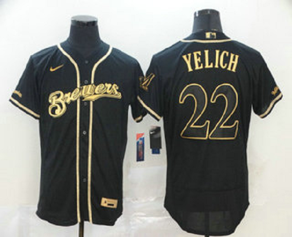Men's Milwaukee Brewers #22 Christian Yelich Black Golden Stitched MLB Flex Base  Jersey