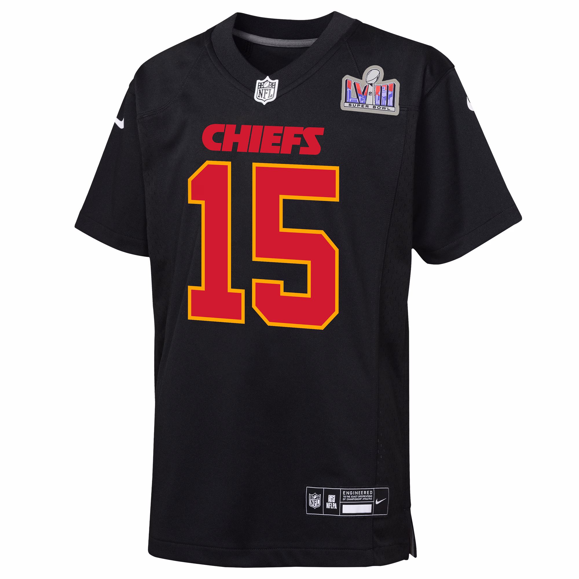 Patrick Mahomes Kansas City Chiefs  Youth 2023 Super Bowl LVIII Patch Carbon Fashion Game Jersey - Black