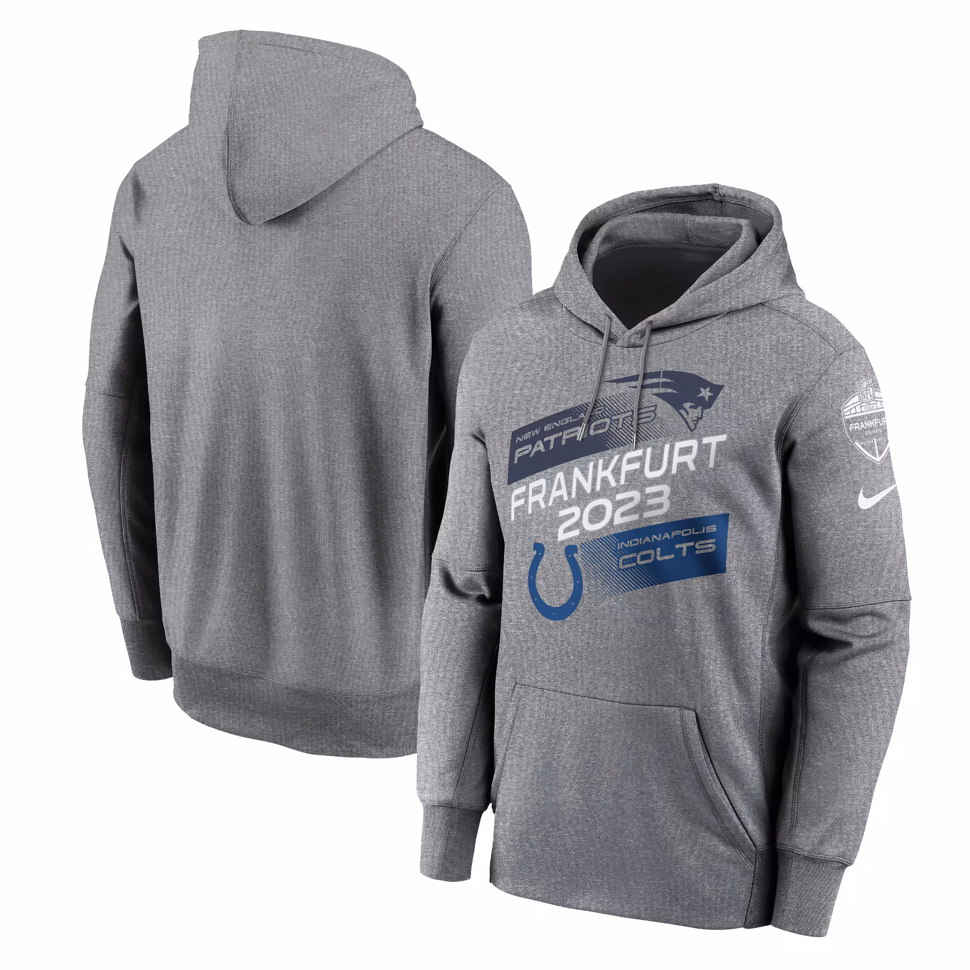 New England Patriots vs. Indianapolis Colts 2023 Frankfurt Game Pullover Hoodie - Heather Charcoal