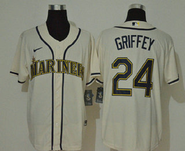 Men's Seattle Mariners #24 Ken Griffey Jr. Cream Navy Blue Name Stitched MLB Cool Base  Jersey