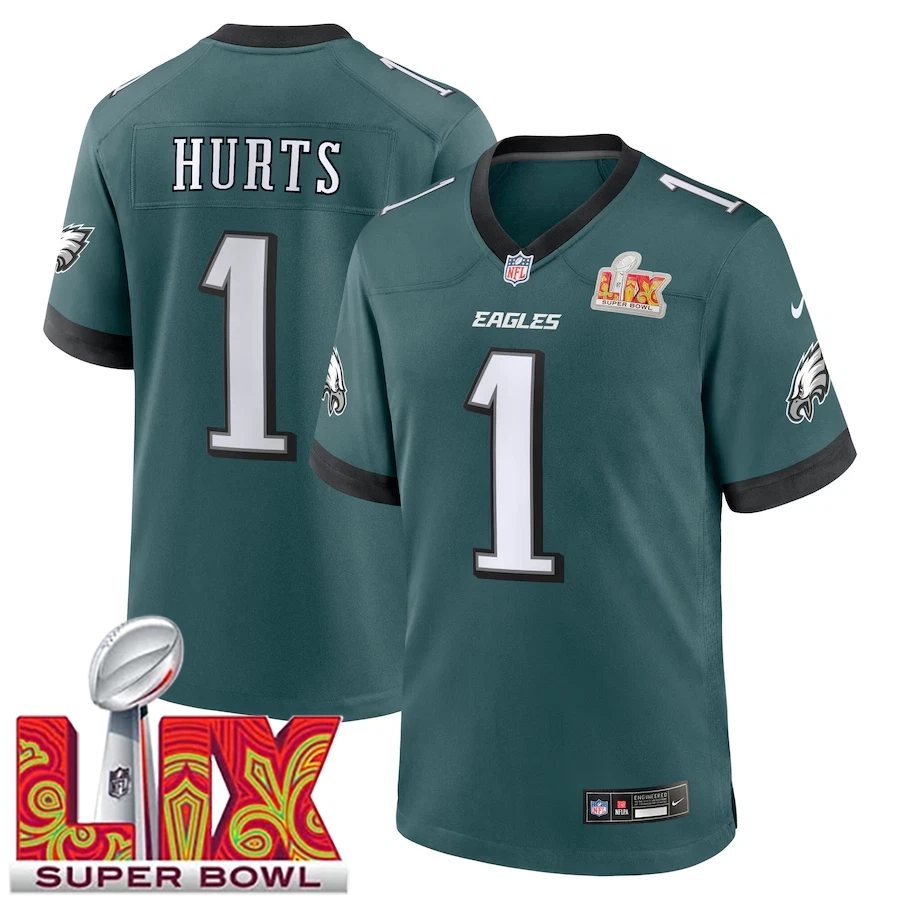Men’s #1 Jalen Hurts Midnight Green Super Bowl LIX Game Player Jersey Sewn