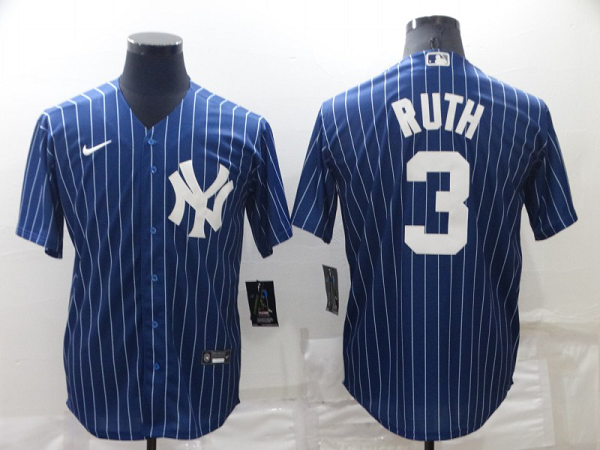 Men's  New York Yankees #3 Babe Ruth Blue Strip Throwback Cool Base MLB Stitched Jersey