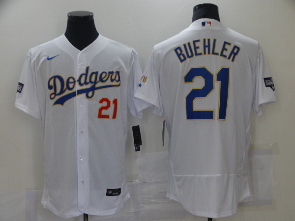 Men's Los Angeles Dodgers #21 Walker Buehler Champion of white gold and blue characters Flexbase 2021 MLB Jersey