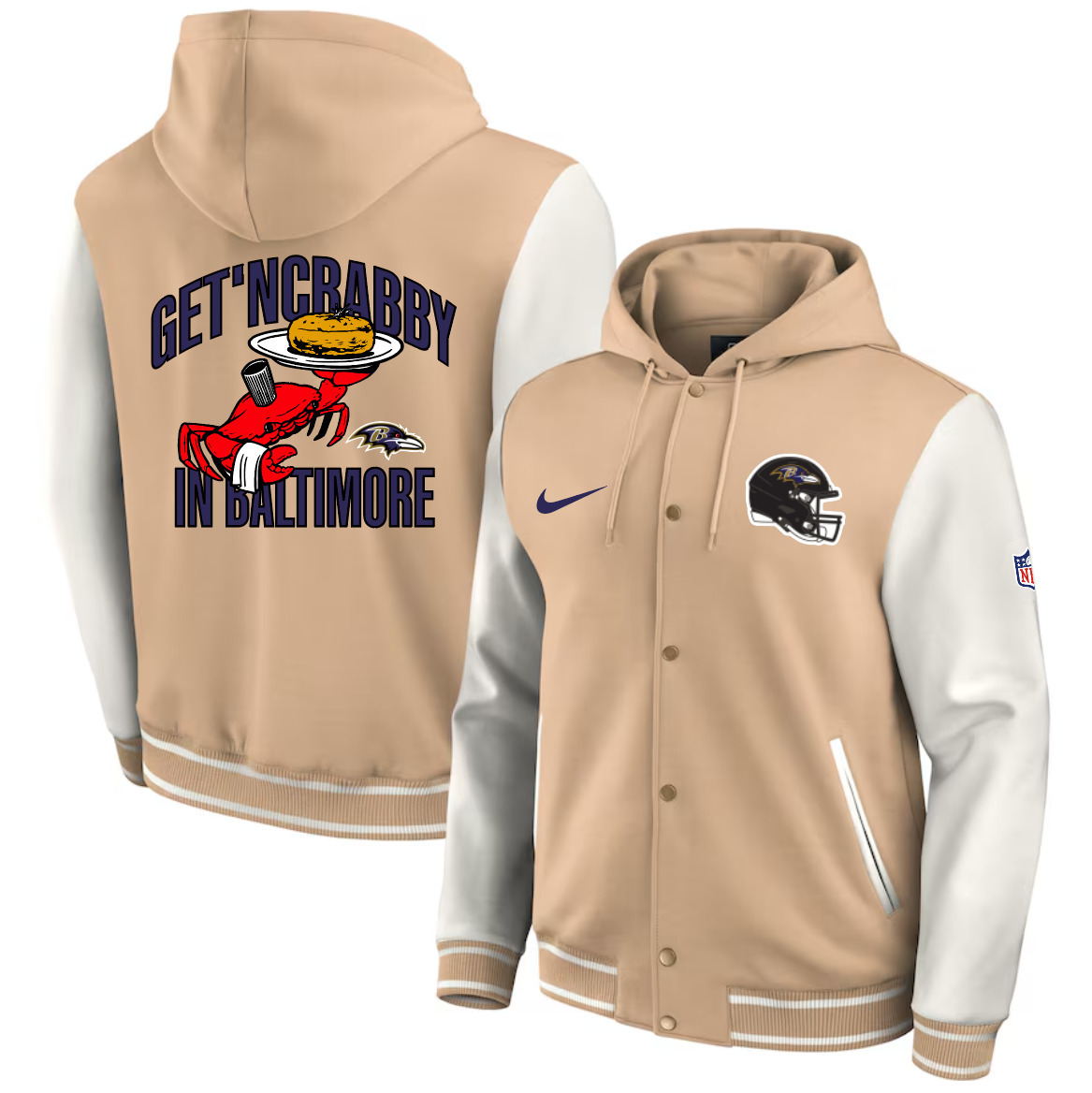 Men's Baltimore Ravens by Fanatics Baseball Full-Snap Tri-Blend Hoodie Jacket - Tan