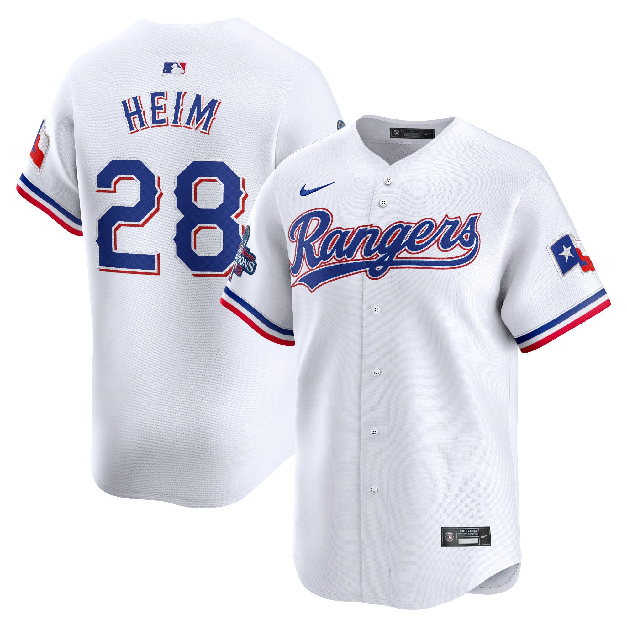 Men's Texas Rangers #28 Jonah Heim  White Home 2023 World Series Champions Limited Jersey