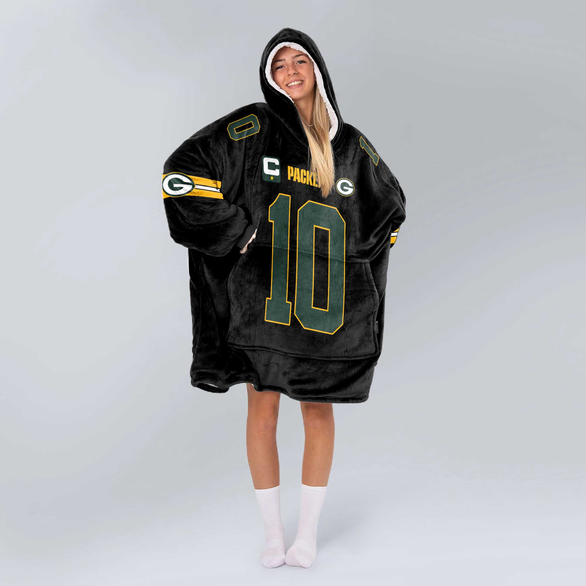 Adult J.L 10 Captain Green Bay Football Unisex Blanket Hoodie