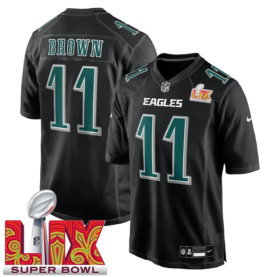 Men’s #11 A.J. Brown Carbon Black Super Bowl LIX Fashion Game Player Sewn Jersey