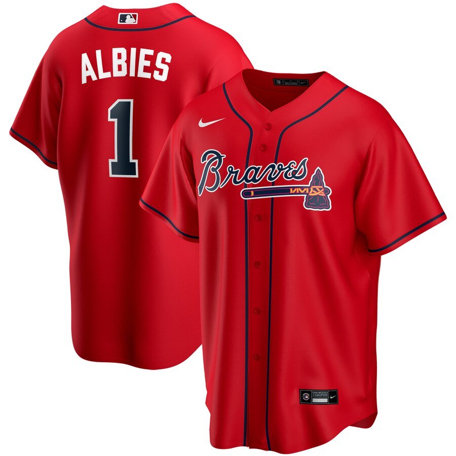 Men's  Atlanta Braves #1 Ozzie Albies Red Alternate 2020 MLB Jersey