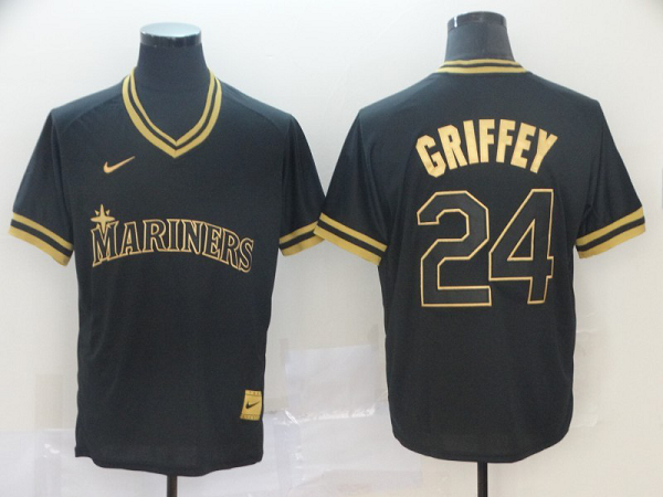 Men's  Seattle Mariners #24 Ken Griffey Jr. Black Gold Cooperstown Legend V Neck MLB Cool Base Jersey