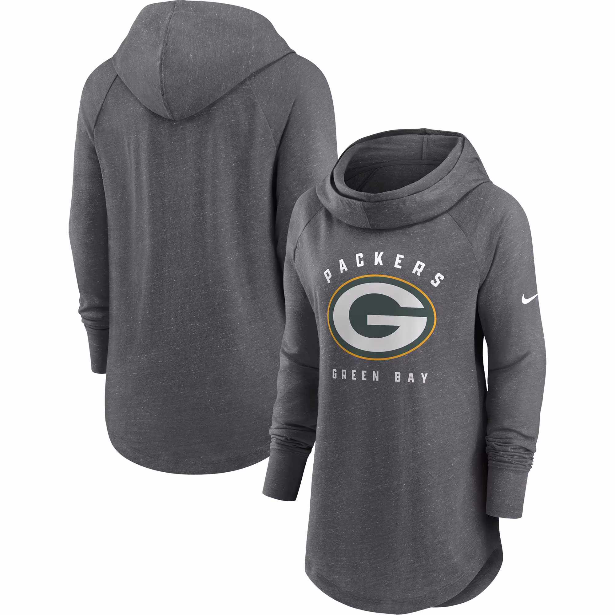 Green Bay Packers Women's Raglan Funnel Neck Pullover Hoodie - Heather Charcoal