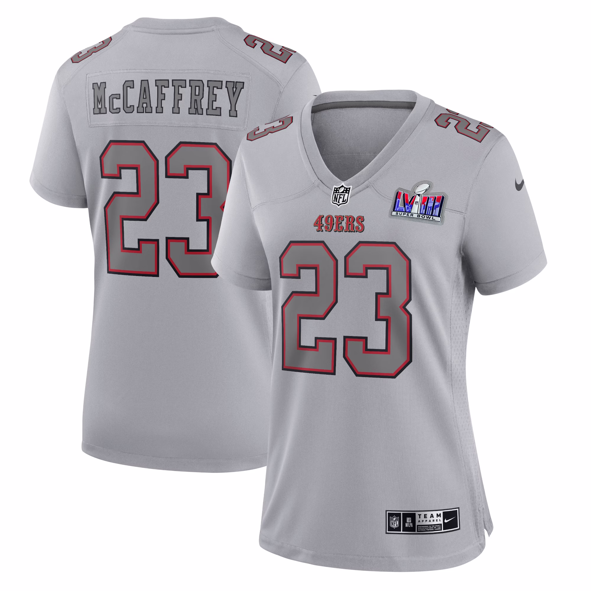 Christian McCaffrey San Francisco 49ers  Women's 2023 Super Bowl LVIII Atmosphere Fashion Game Jersey - Gray