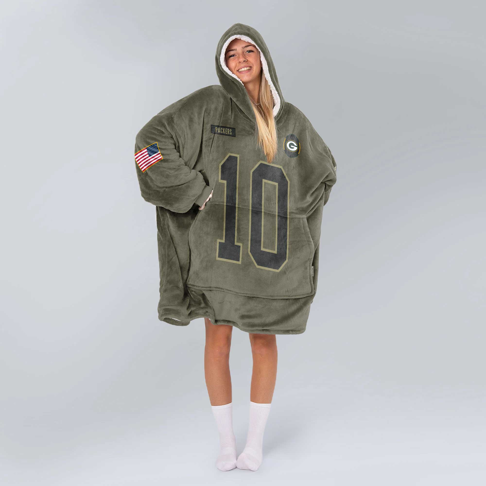 Adult J.L 10 Captain Green Bay Football Unisex Blanket Hoodie