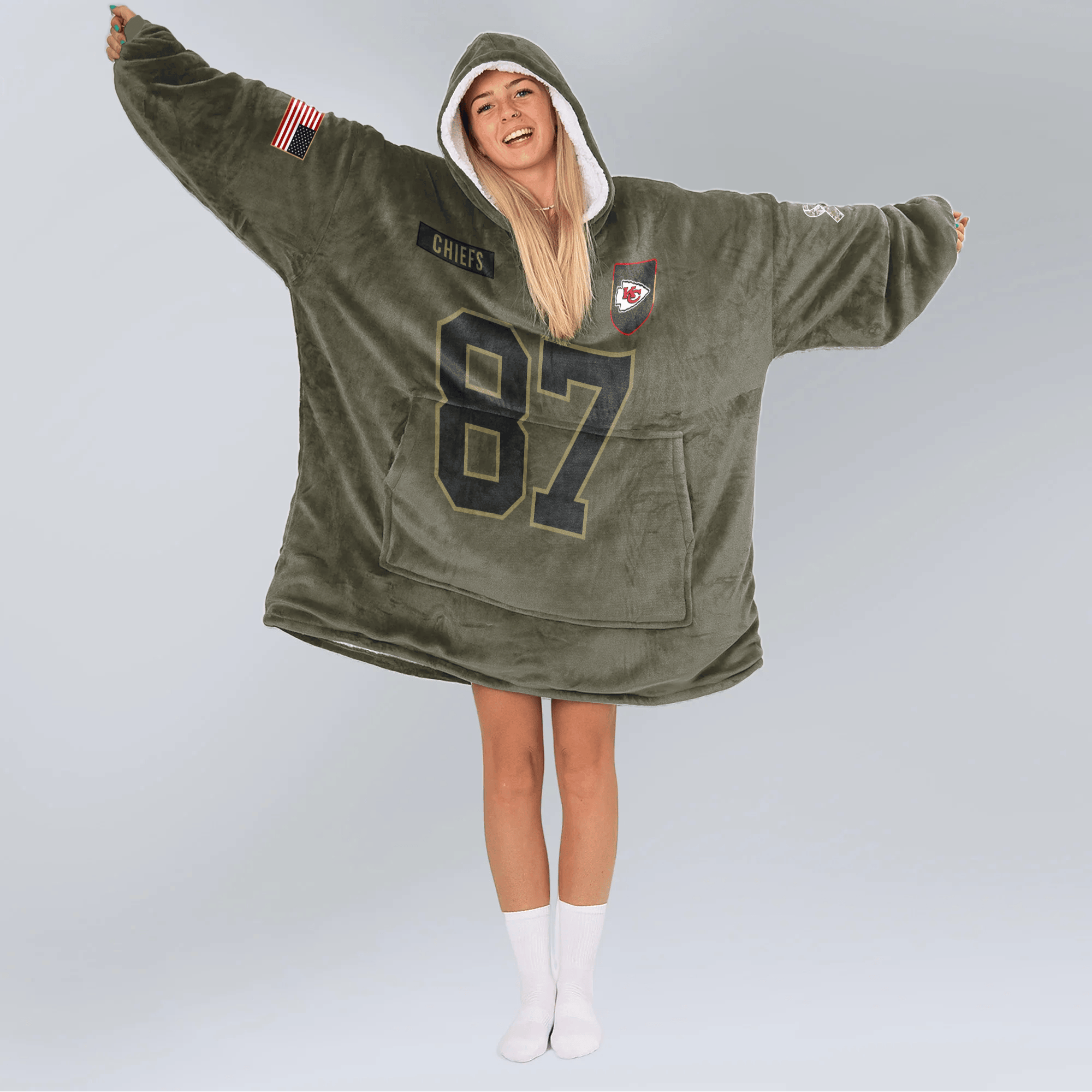 Adult T.K 87 Kansas City Football Blanket Hoodie – Olive Salute to Service