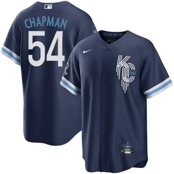 Men's Kansas City Royals #54 Aroldis Chapman Blue City Connect  Cool Base Jersey