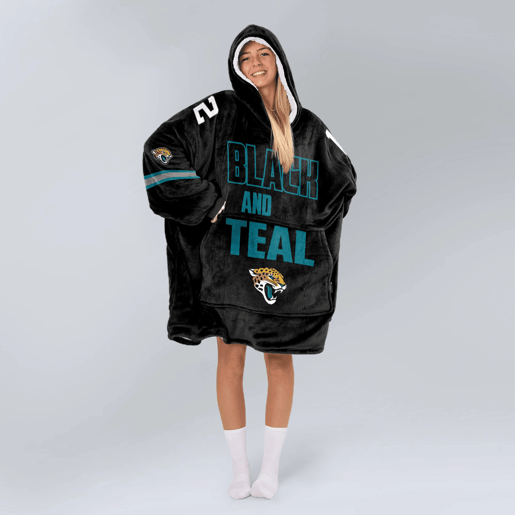 Adult Black And Teal 12 Jacksonville Football Unisex Blanket Hoodie