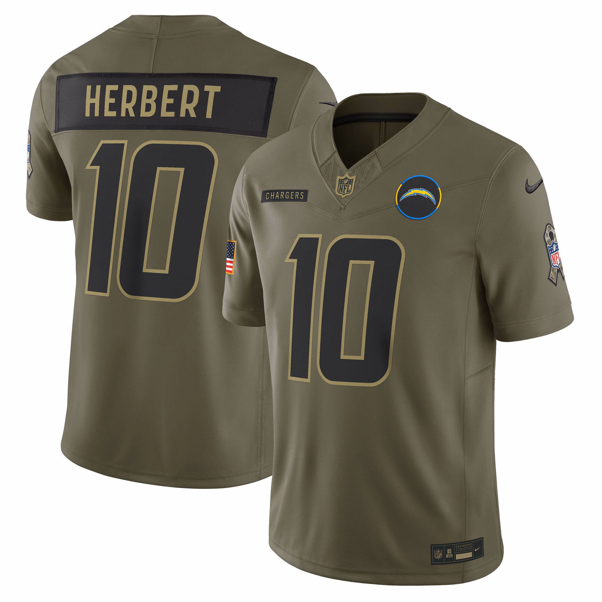 Men's Los Angeles Chargers Justin Herbert Olive 2025 Salute to Service Limited Jersey