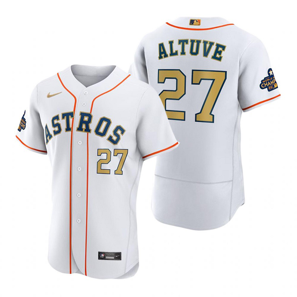 Men's Houston Astros MLB #27 Jose Altuve White 2023 Gold Collection Cool Base  Jersey