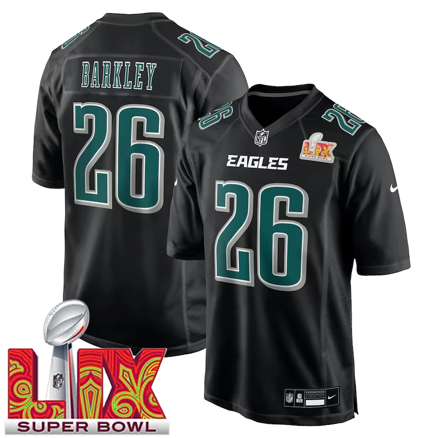 Men’s #26 Saquon Barkley Carbon Black Super Bowl LIX Fashion GamePlayer Jersey