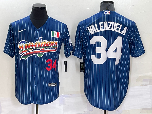 Men's  Los Angeles Dodgers #34 Fernando Valenzuela Blue Rainbow Throwback MLB Cool Base Jersey