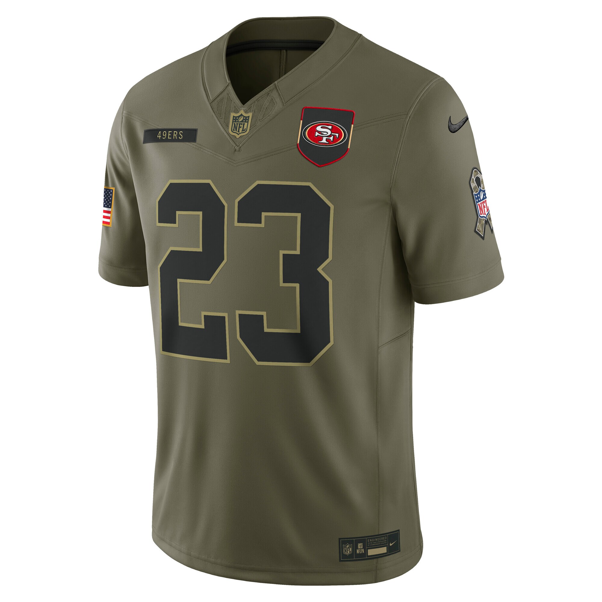 Men's San Francisco 49ers #23 Christian McCaffrey Olive 2025 Salute to Service Limited Jersey