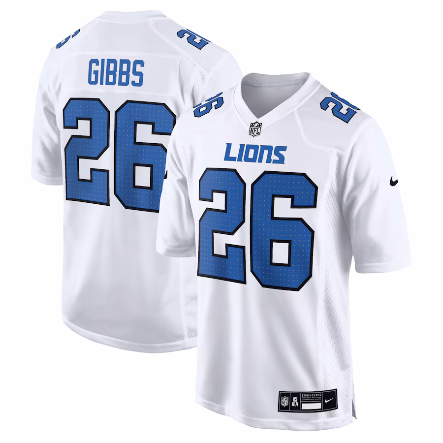 Men's Jahmyr Gibbs #26 White Detroit Lions Tundra Fashion Game Jersey