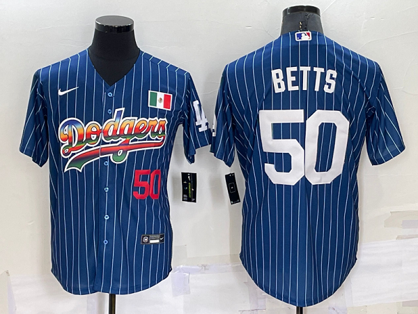 Men's  Los Angeles Dodgers #50 Mookie Betts Blue Rainbow Throwback MLB Cool Base Jersey