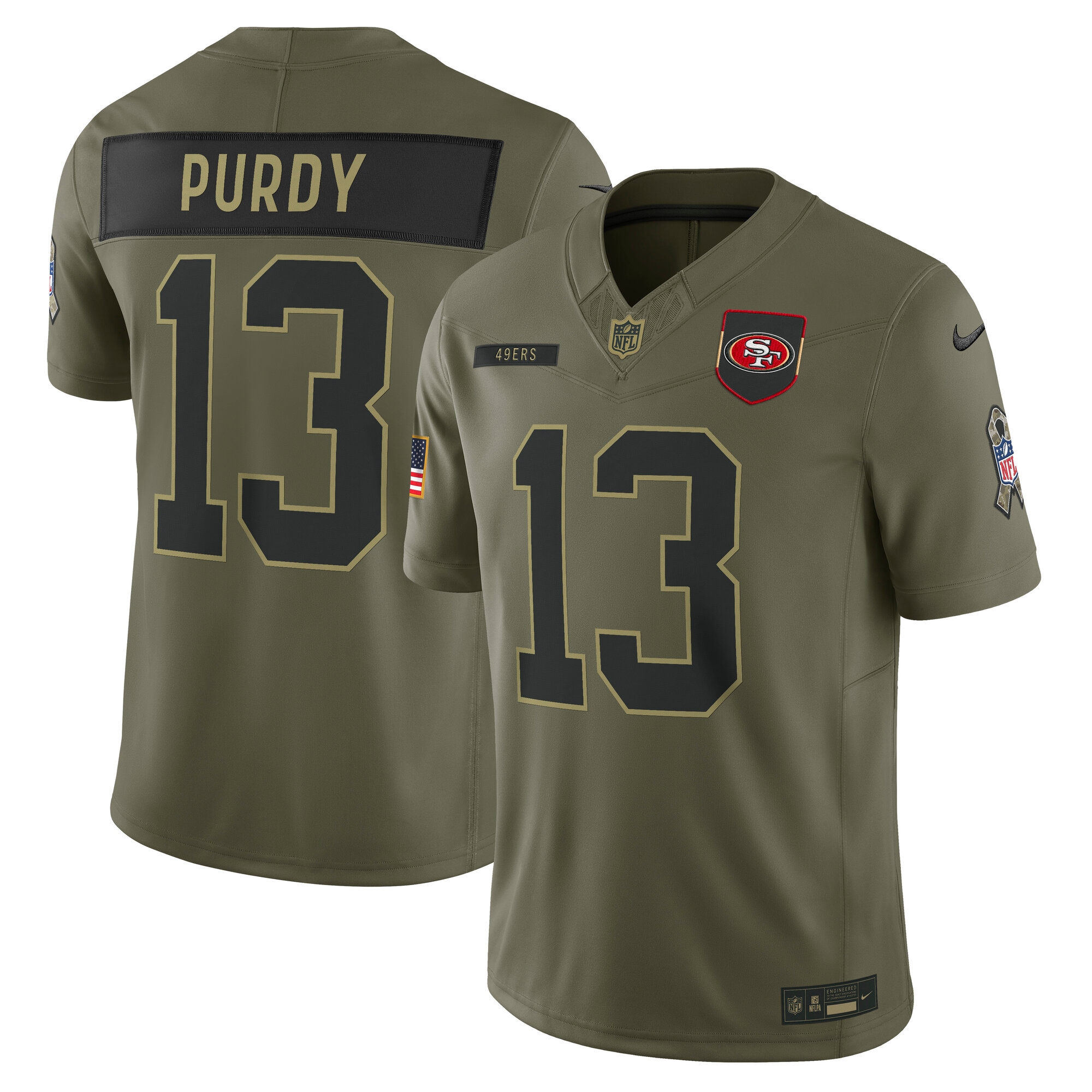 Men's San Francisco 49ers #13 Brock Purdy Olive 2025 Salute to Service Limited Jersey