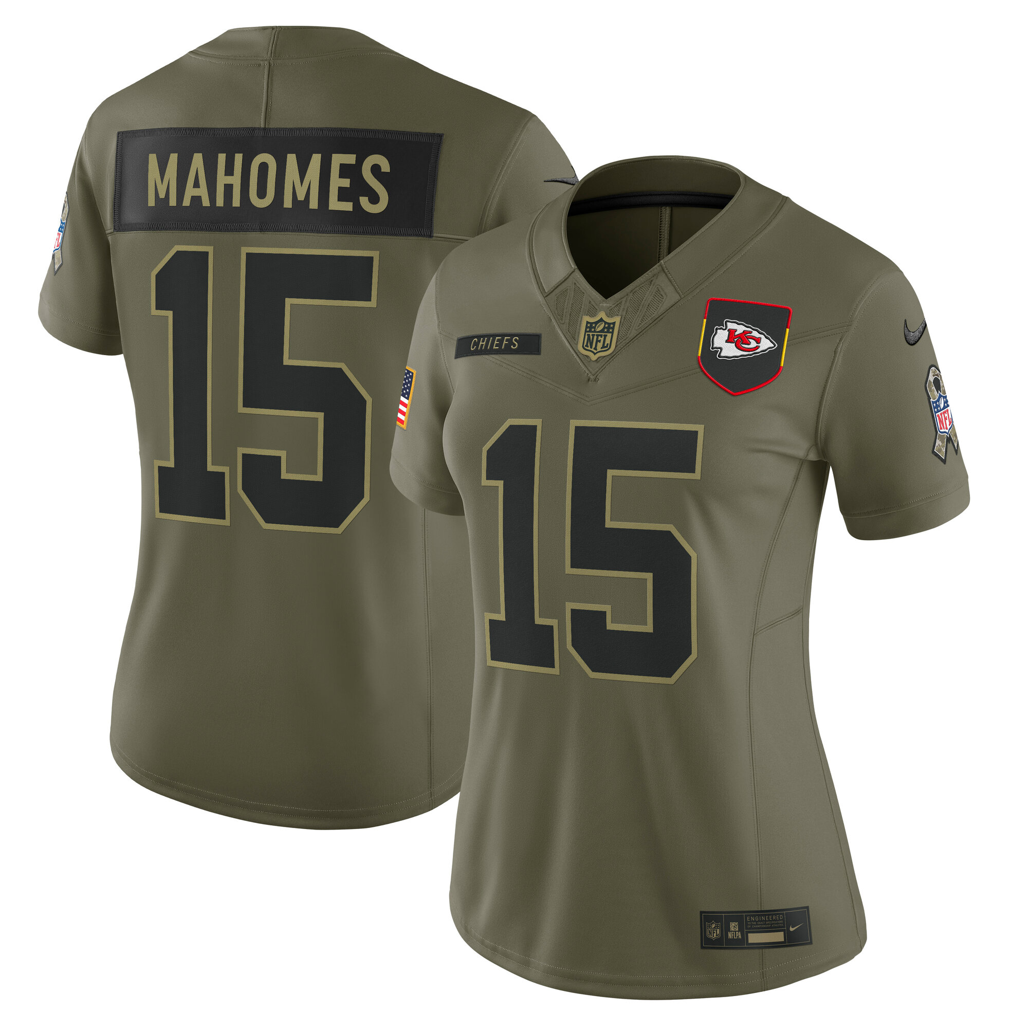 Women's Kansas City Chiefs Patrick Mahomes Olive 2025 Salute to Service Limited Jersey