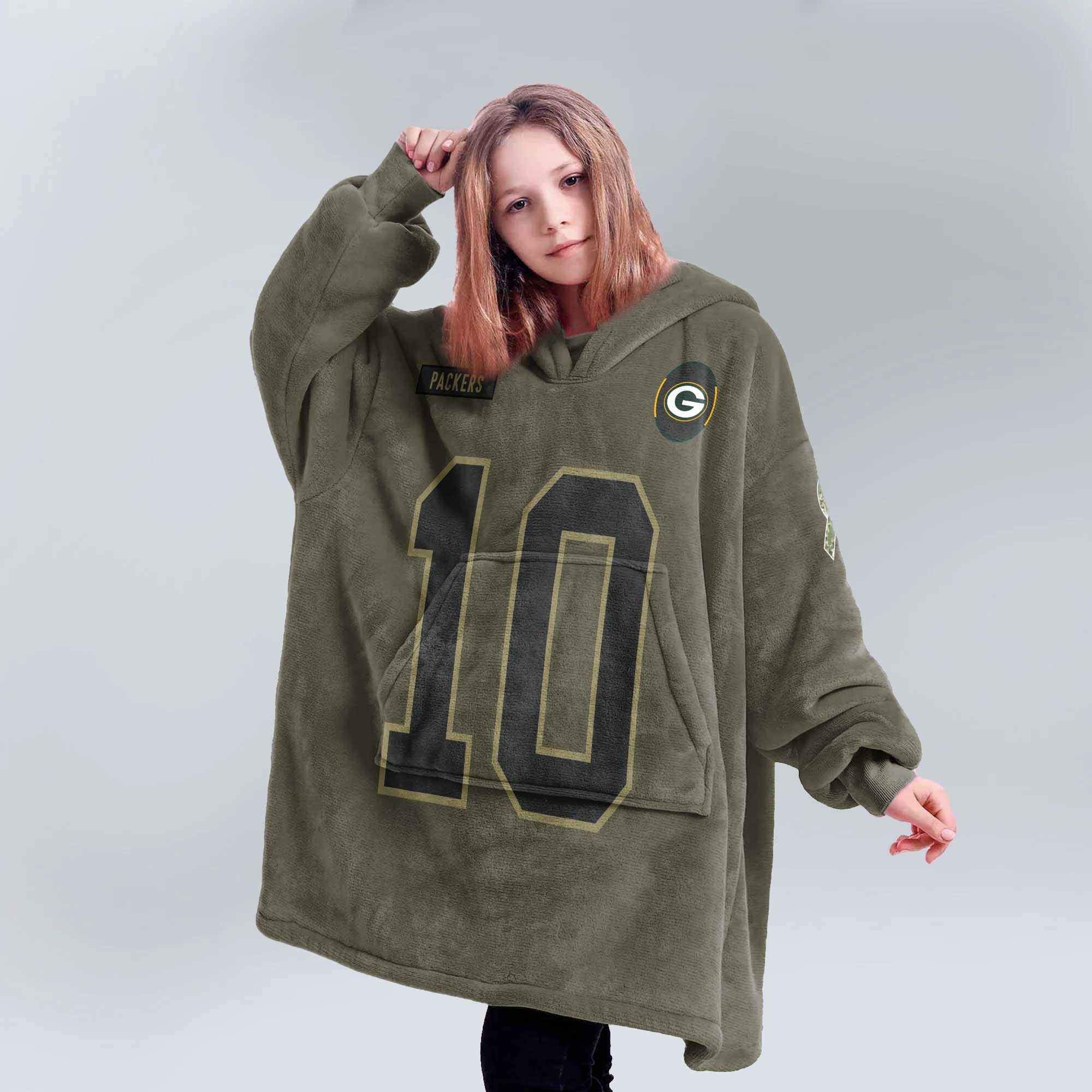 Kid J.L 10 Green Bay Football Blanket Hoodie – Olive Salute to Service