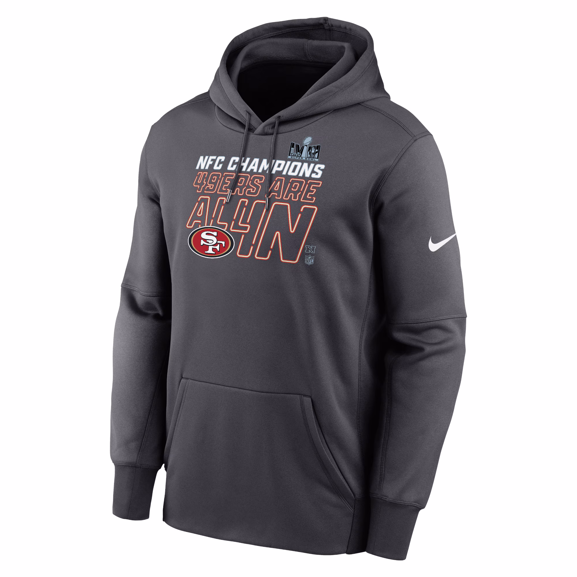 San Francisco 49ers 49ers 2023 NFC Champions Locker Room Trophy Collection Pullover Hoodie – Anthracite