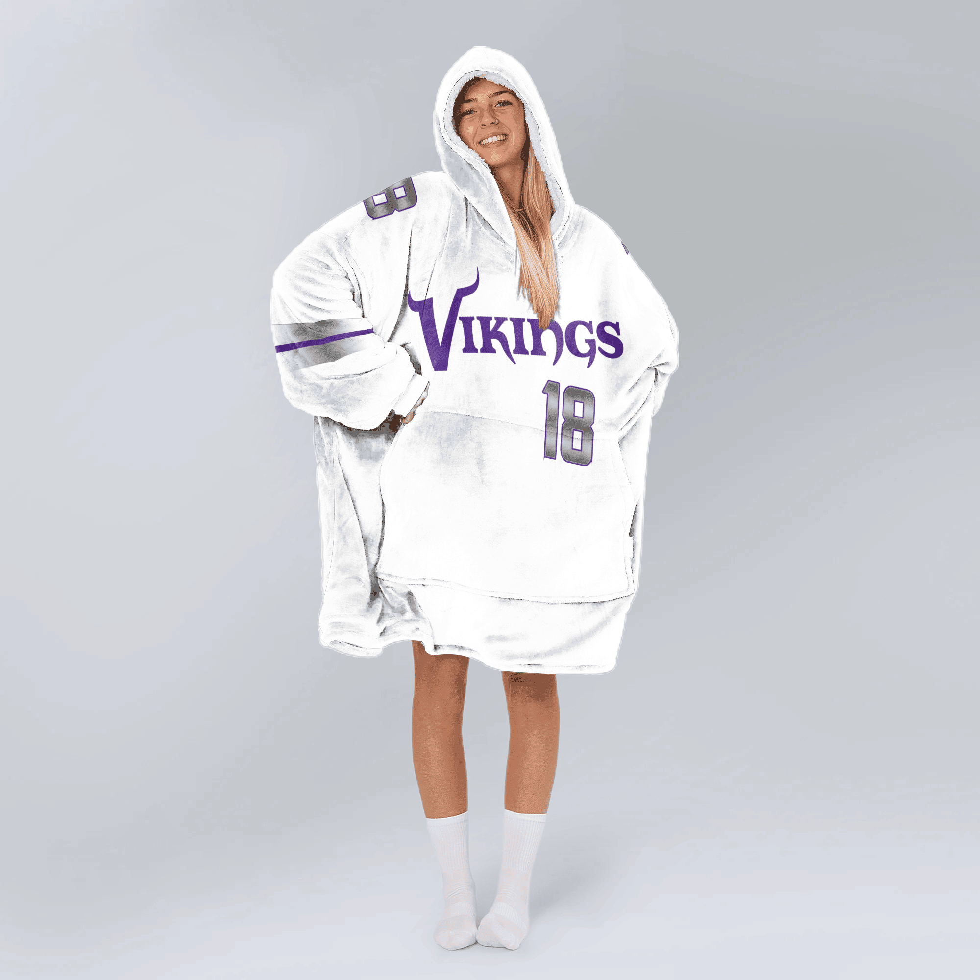 Adult White 18 Minnesota Football Unisex Blanket Hoodie
