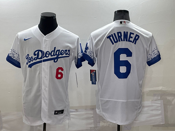 Men's  Los Angeles Dodgers #6 Trea Turner White City Connect Flex Base MLB Stitched Jersey