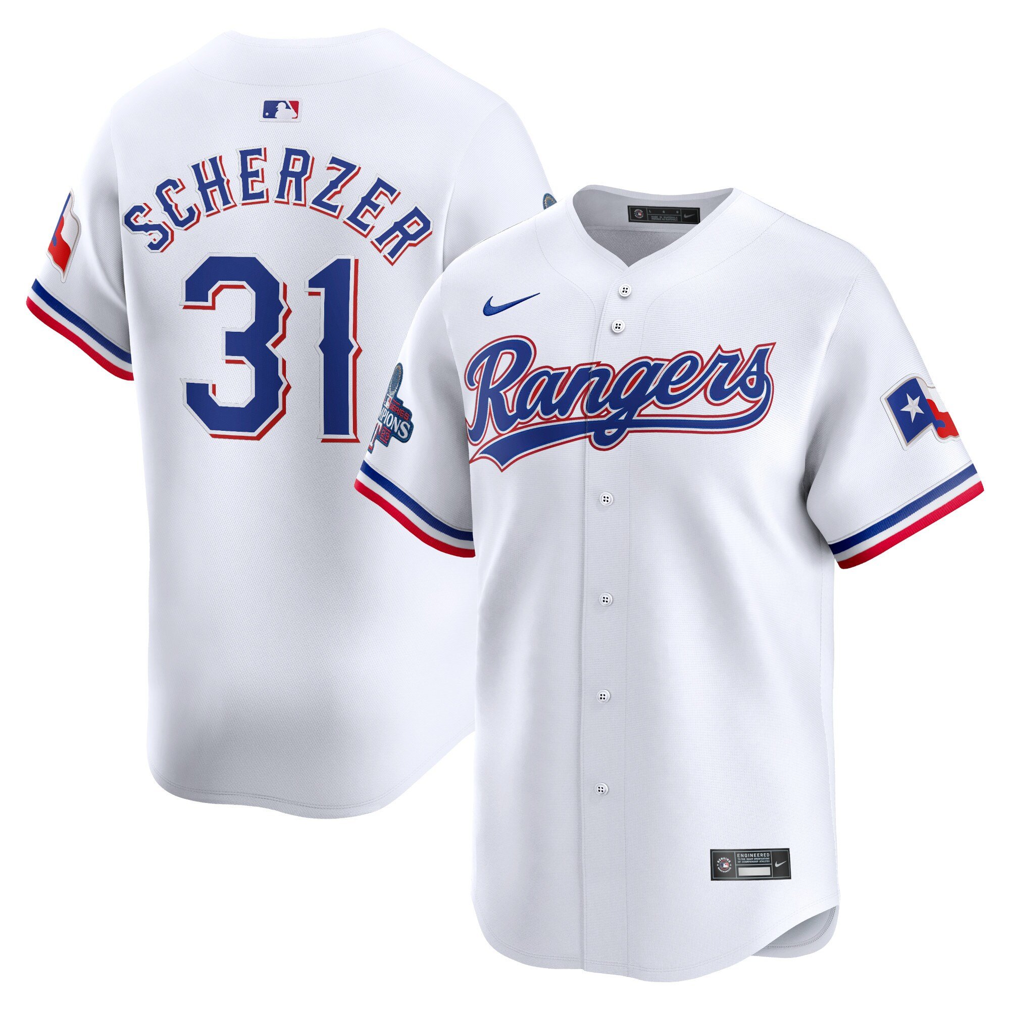 Men's Texas Rangers #31 Max Scherzer  White Home 2023 World Series Champions Limited Jersey