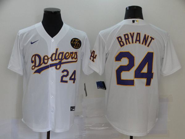 Men's Los Angeles Dodgers #24 Kobe Bryant White With Purple Name KB Patch Stitched MLB Cool Base  Jersey