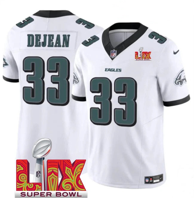 Men's #33 Cooper DeJean White 2025 Super Bowl LIX Patch Stitched Jersey
