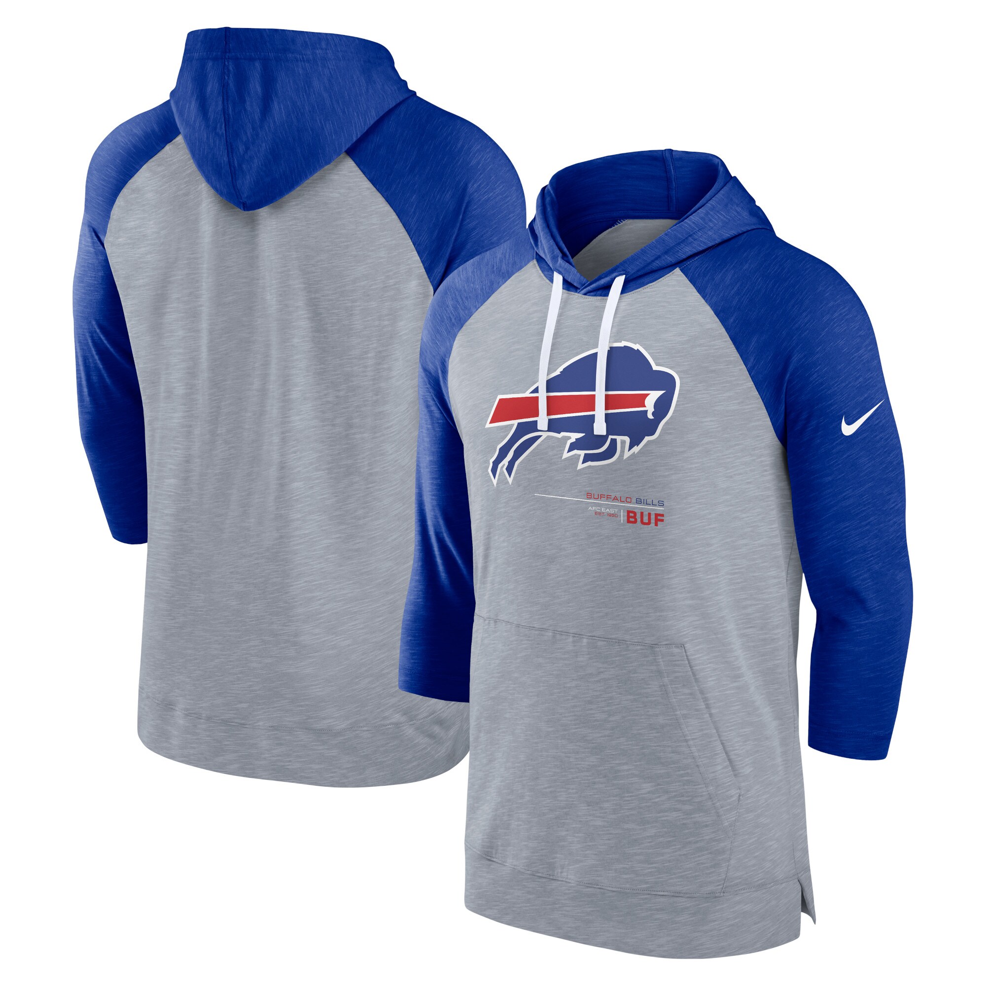 Buffalo Bills Raglan 3/4-Sleeve Pullover Hoodie - Heather Gray/Heather Royal