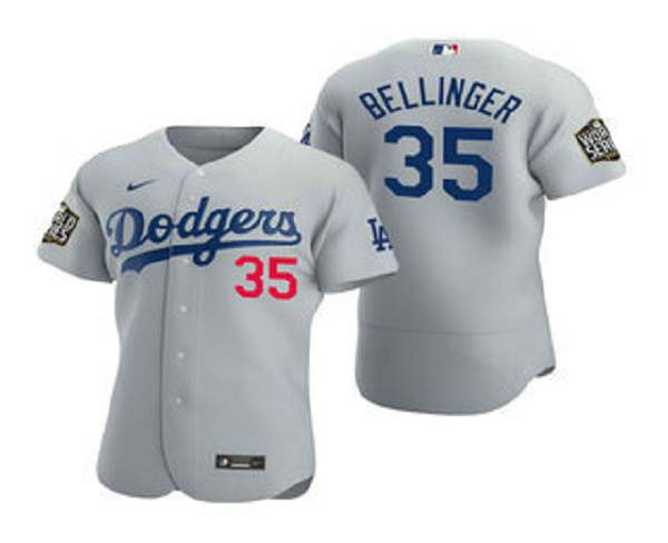Men's Los Angeles Dodgers #35 Cody Bellinger Gray 2020 World Series Flex Base  Jersey