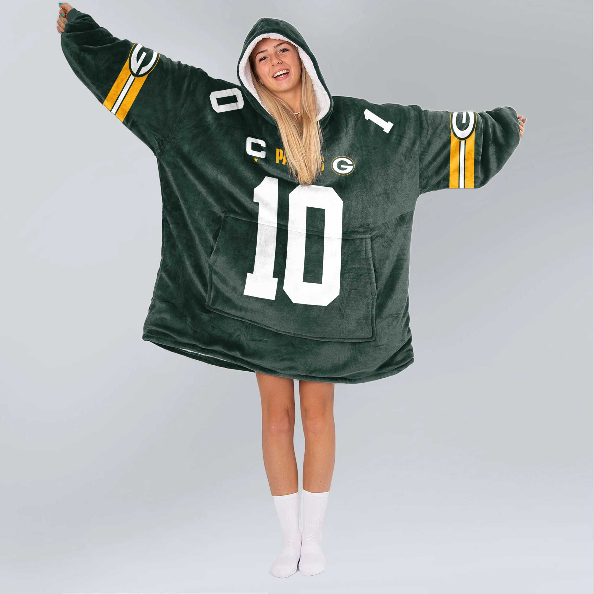 Adult J.L 10 Captain Green Bay Football Unisex Blanket Hoodie