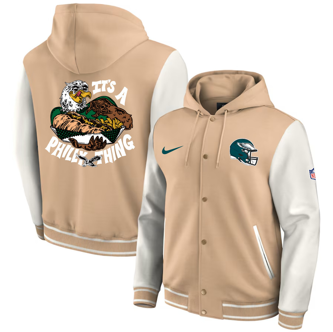 Men's Philadelphia Eagles by Fanatics Baseball Full-Snap Tri-Blend Hoodie Jacket - Tan