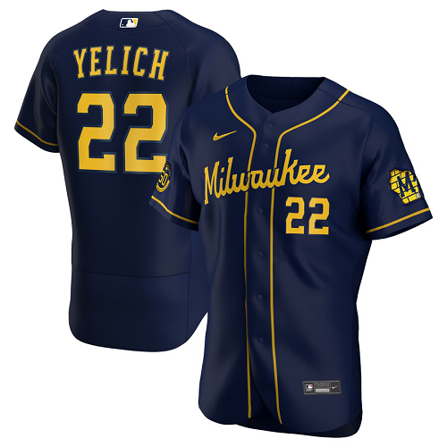 Men's Milwaukee Brewers #22 Christian Yelich  Navy Alternate 2020 Player Jersey
